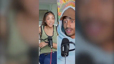 Splitscreen of Miquita Oliver and Jordan Stephens talking into microphones