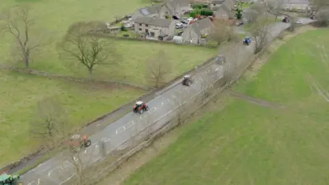 A photo taken from a drone showing farmers protesting