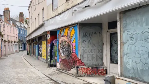 A narrow cobblestone street bordered by pastel coloured houses on the left and a row of derelict shops on the right covered in colourful murals. A shop on the right features a large painted cat with green eyes and a red scarf, a hand‑painted sign reading ‘Around Sark to get to Herm,’ and red graffiti spelling ‘Kindness!’. Nearby windows display illustrated maps and faint animal imagery. Flower boxes sit beneath upper‑floor windows on the left side, and the street curves gently out of view. 