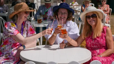 Taunton Flower Show Three women sit down enjoying glasses of drinks at the Taunton Flower show. They are sitting under a sunshade and are all wearing sun hats and are around a white table