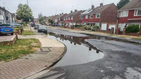 Vincent Clive A road, with water on it, with lots of houses, with cars on the road and outside peoples homes. There is a path and grass areas. 