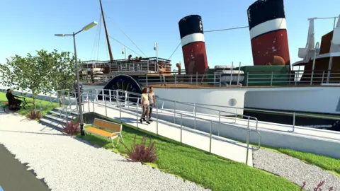 An artist's impression of a new dock with a ship moored there.