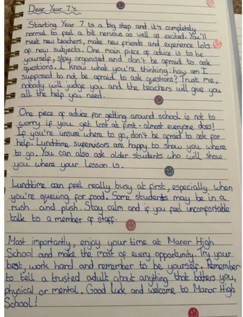 Manor High School Picture shows a handwritten letter written by Khadijah to future year 7s.  