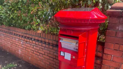 A red postbox in front of a brick wall and hedge. It has a pull down metal drawer, a letter slot and a solar panel on top.