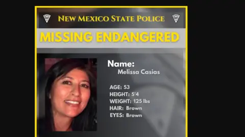 A missing person's poster featuring a photo of a smiling Melissa Casias and biographical information including her age listed as 53
