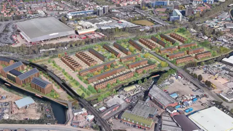 Wavensmere Homes Aerial view of how the development would look next to the canal with rows of houses and flats lined with trees 