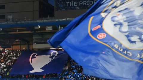 Chelsea flag and Champions League trophy tifo