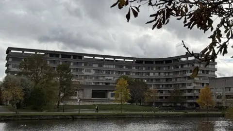 A large, curved concrete building with multiple rows of windows stands behind a grassy area and a pond. The building is Bedford Borough Council's headquarters. Several trees with autumn foliage are scattered across the scene, and branches frame the top of the image. The sky is overcast, creating a moody atmosphere, and a few people can be seen walking along the path near the water.