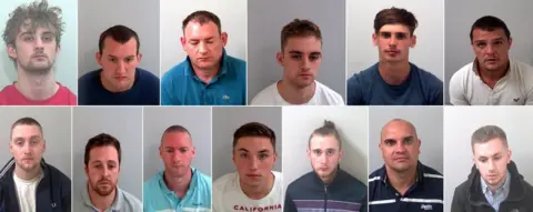 Essex Police A composite image consisting of 13 custody mugshots. All are men who have either worried or nonchalant expressions on their faces.