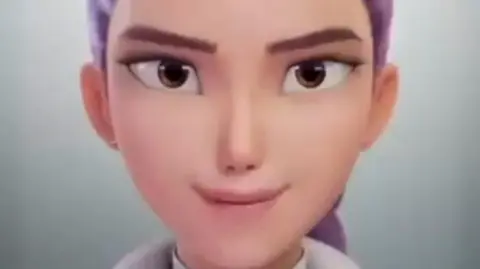 An animated face - she has purple hair which is tied back