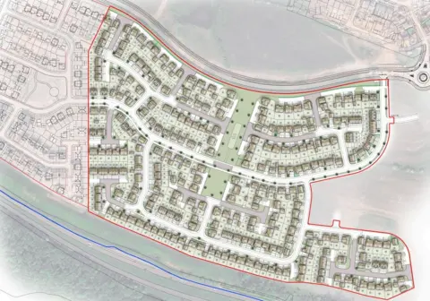 Taylor Wimpey/PRA Architecture An aerial view of a design showing how the houses would be arranged around a network of streets and large grassy areas.