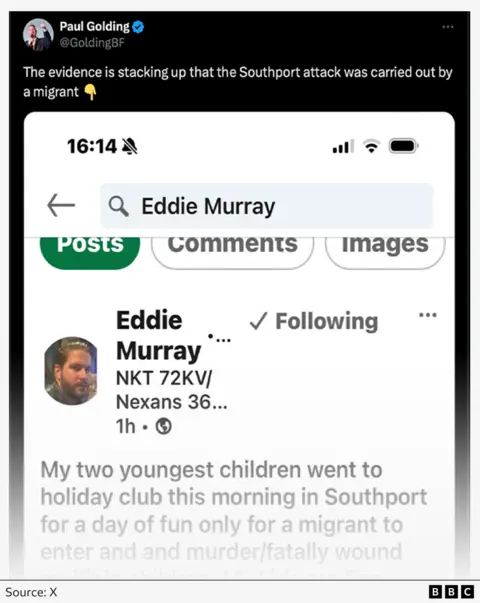  "The evidence is stacking up that the Southport attack was carried out by a migrant" - underneath is a screenshot of Murray's LinkedIn post.