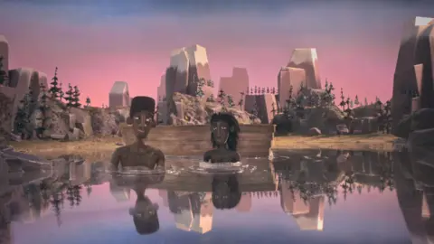 One6th Animation/Number Nine PR A still from the film showing two animated black characters sitting in a lagoon. The water reflects the pink and purple sky around them as one young man smiles at the other.