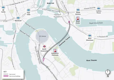 TfL A graphic of a map showing the route the tunnel will take under the River Thames