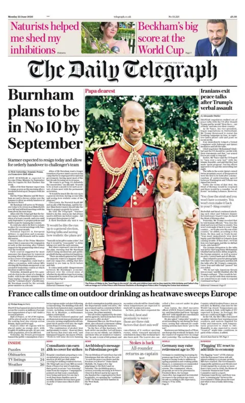 The Daily Telegraph's front page headline reads 'Burnham plans to be in No 10 by September'