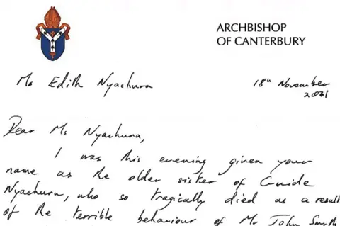 A screen shot of the opening of a letter sent by Justin Welby to Edith Nyachuru dated 18 November 2021. The title of the paper also reads: 'Dear Miss Nyachuru, this evening I was mentioning your name as the elder sister of Leader Naychuru, she died tragically due to the immorality of Mr John Smyth.' 