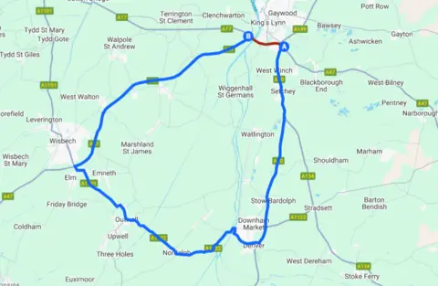 National Highways Map showing the suggested diversion route between the Hardwick and Pullover Roundabout's on the outskirts of King's Lynn. A blue line shows the diversion.