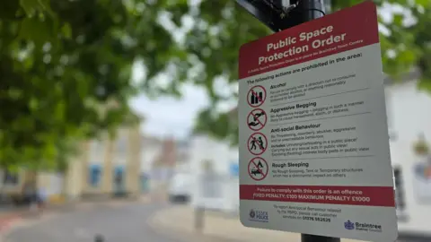 A sign in Braintree town centre which outlines the rules under a Public Spaces Protection Order. They include rules on alcohol, begging, rough sleeping and anti-social behaviour.