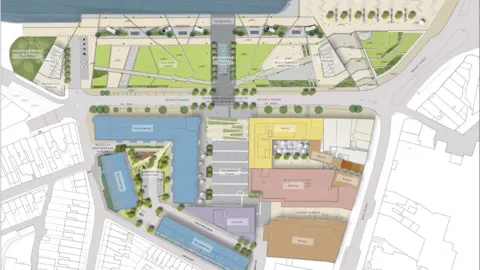 Department for Communities A plan of the Queen's Parade project, showing public realm, residential, office, retail, leisure and hotel spaces.