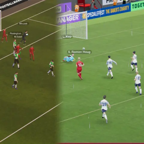 Sports Interactive A side-by-side of two screenshots showing how different the graphics are. The new game's graphics, on the right, are significantly brighter in colour and closer to the action. The new game is more detailed and clearer.