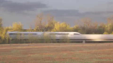 HS2 Ltd Computer drawing of a silver train moving along a railway with grey barriers at the side of it. There are trees in the background and brown and green grass in the foreground.