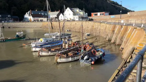 The Minehead harbour is at high tide. A row of four boats in the centre of the frame are floating on the water, while others rest nearby. At the top of the photo you can see the harbourside buildings and beyond those, the bottom of North Hill.