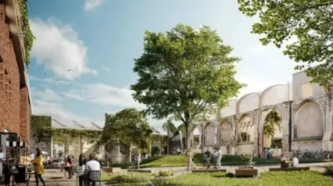 Gloucester City Council Computer generated image of a new park and gardens. There are people sat on a patio area to the left and ordering from a food cart. There is a large garden to the right, set around Franciscan friary ruins, which have palm trees growing inside. On the grass are some planter boxes and trees.