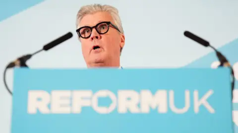Malcolm Offord standing behind a podium with the Reform UK logo on it in white wirting on a blue background.