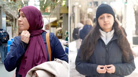 Split screen of a woman in a hijab and a woman with a wool hat on outside. 