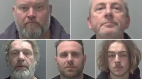 A collage of mugshots of Richard Saul, Sean Seymour, Nathan Wellard, Alexander Sampson-Chambers and Domenic Labella. They are all pictured against a grey backdrop. 