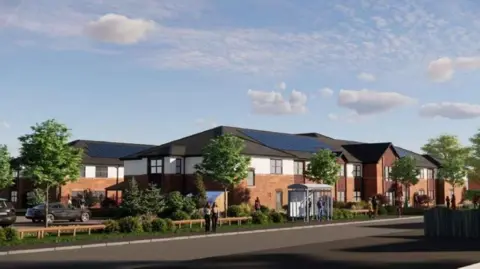 An artist's impression of a two-storey care home. It has brown brick with a white finish and a grey roof with solar panels. A number of trees can also be seen at the front of the development. 