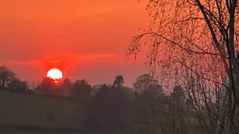 BBC Weather Watchers/Weatherornot The bright sun sets over a sloping green hill dotted with trees, turning the sky bright red. 