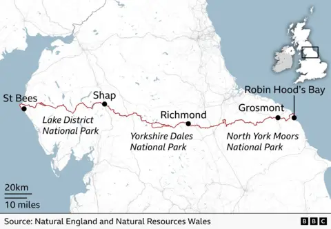 A map of the Coast to Coast trail from St Bees - on the Irish Sea coast - to Robin Hood's Bay - on the North Sea coast - showing Lake District National Park, Yorkshire Dales National Park and North York Moors National Park along the way