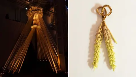 Photography courtesy of McQueen On the left it shows a large, dark room featuring the set of the show in Paris. Hessian ribbons tied to the ground come to a point, topped with the handmade straw maypole toppers to make a tepee-style structure. On the right is a harvest knot on a plain background showing its intricate and delicate plaiting of two wheat strands, tied into a knot.