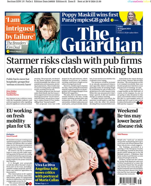 The main headline on the front page of the Guardian reads: "Starmer risks clash with pub firms over plan for outdoor smoking ban"