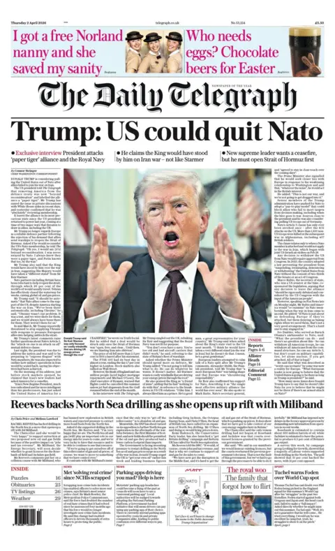 The headline on the front page of the Daily Telegraph reads: "Trump: US could quit Nato."