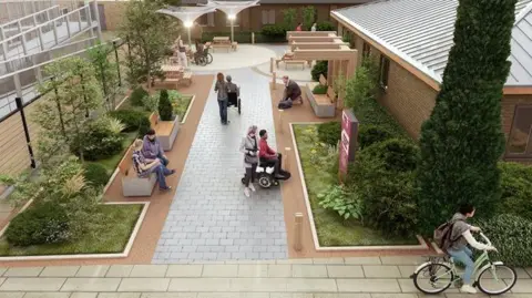Active Care Group An artist’s impression shows landscaped courtyard gardens at the new private specialist rehabilitation hospital in Stoke Mandeville, designed to provide accessible outdoor space for patients, including wheelchair users, with seating, planting areas and therapy-friendly walkways.