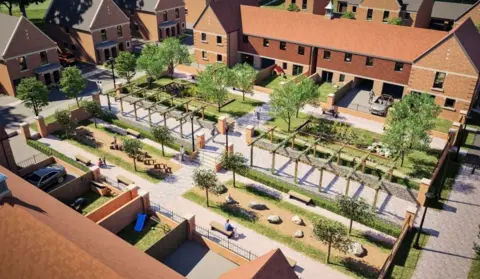 Greyfort Properties An artist's depiction showing an aerial view of a housing development with a central courtyard containing walkways, planting an seating areas as well as a series of archways through the middle.