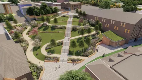 Wyre Forest District Council A CGI artist's impression of what the park will look like. In the centre of the park is a large stairway with a winding path going through the park and looping back on the staircase. Trees line the winding path and people walk around the park. 
