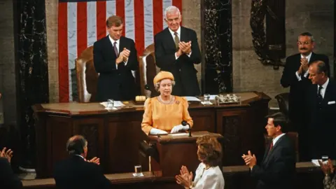 PA Media Queen Elizabeth II addresses a Joint Session of the United States Congress in the US House Chamber in the US Capitol during a State Visit to the US