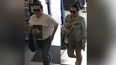 A collage of two CCTV images of the suspected woman that Dorset Police are searching for in connection to the Jellycat toys thefts. She is seen entering a shop on two different occasions.