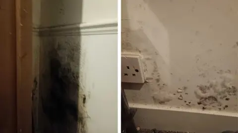 Shauni-Leigh Tyson Two pictures side-by-side showing patches of mould on walls inside a house. The picture on the left shows a large patch of mould in a shadowy corner, whilst the picture on the right shows patchy mould affecting the bottom of a wall near a plug socket.