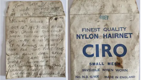A composite photo of the front and back of the Ciro nylon hairnet packet, which is white but very worn, and the note written on the back
