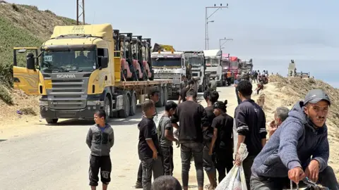 Palestinian lorries wait to take aid from the pier