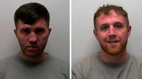 Custody pictures of two men. One is wearing a grey, long-sleeved top and has dark hair. The other man is wearing a grey, long-sleeved top. He is smiling and has ginger hair and a beard.