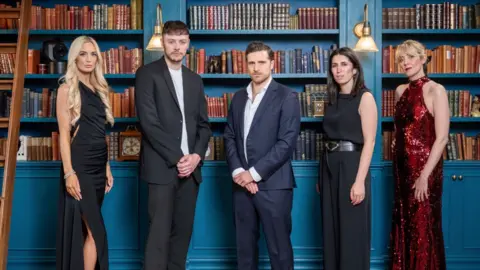 The Traitors finalists, from left to right: Leanne, Jake, Alexander, Charlotte, Frankie