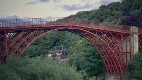 A high, elaborate metal bridge with red supports and trees in the background