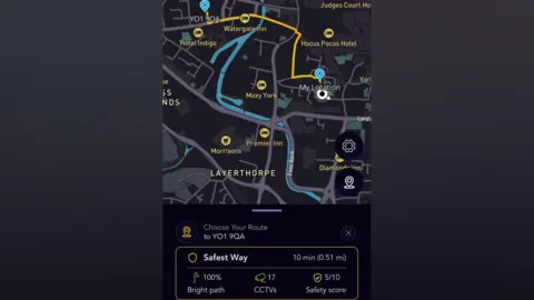 Safest Way A screenshot of the Safest Way app. It shows what it says is the safest route for a journey through York city centre.