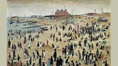 The Estate of LS Lowry/Arts Council Collection  The image shows a L S Lowry painting with a house in the distance and lots of people on the beach but  mostly quite well dressed wearing coats and hats 