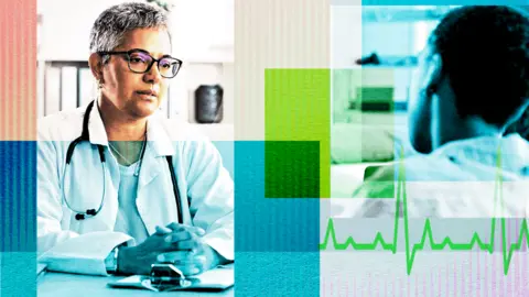 A creative image showing a female GP in glasses and a white coat sat at a table, talking to a patient, the back of whose head we can see. The image features blocks of blue and green as well as a heart-rate chart